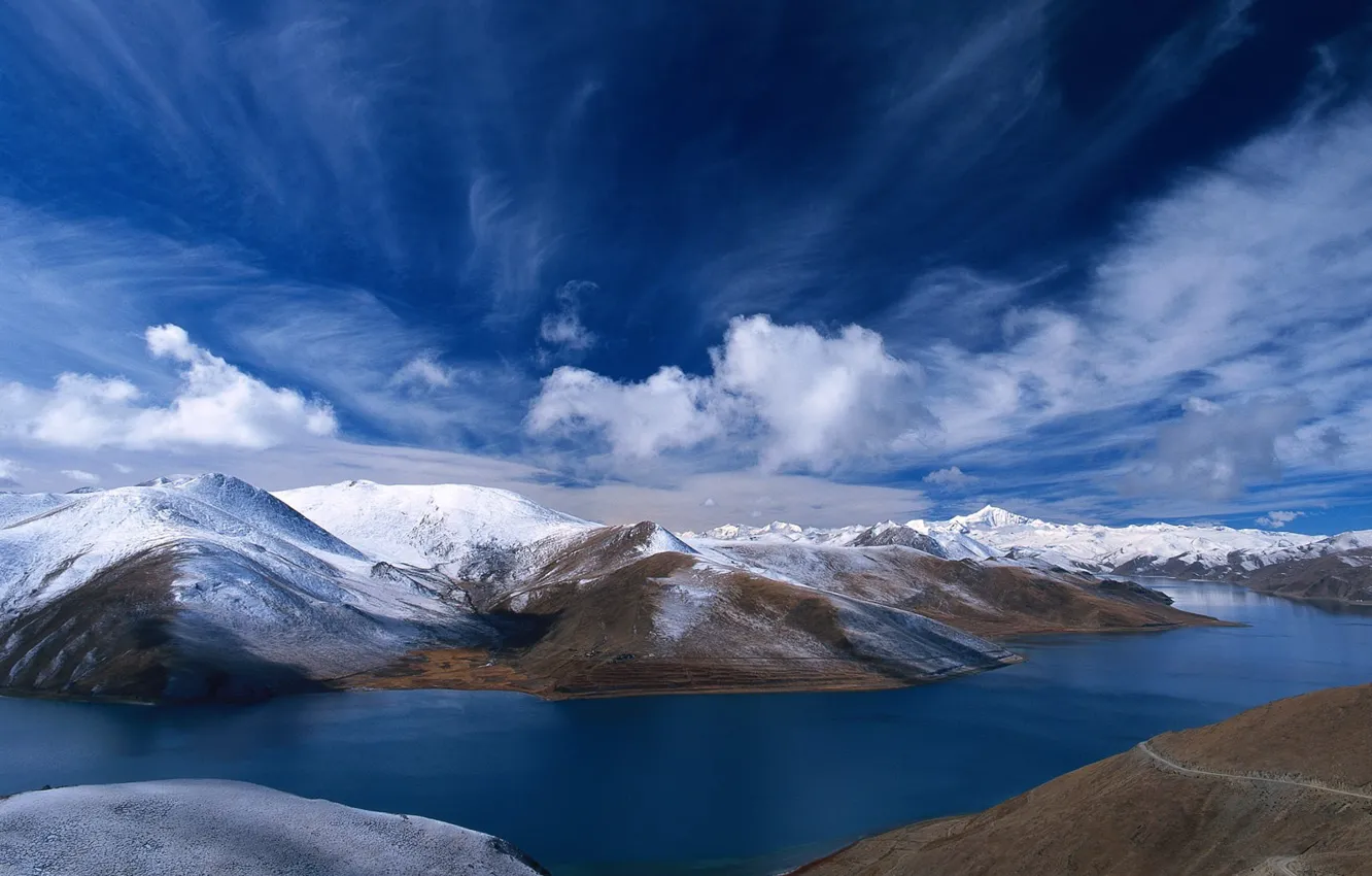 Photo wallpaper the sky, mountains, lake