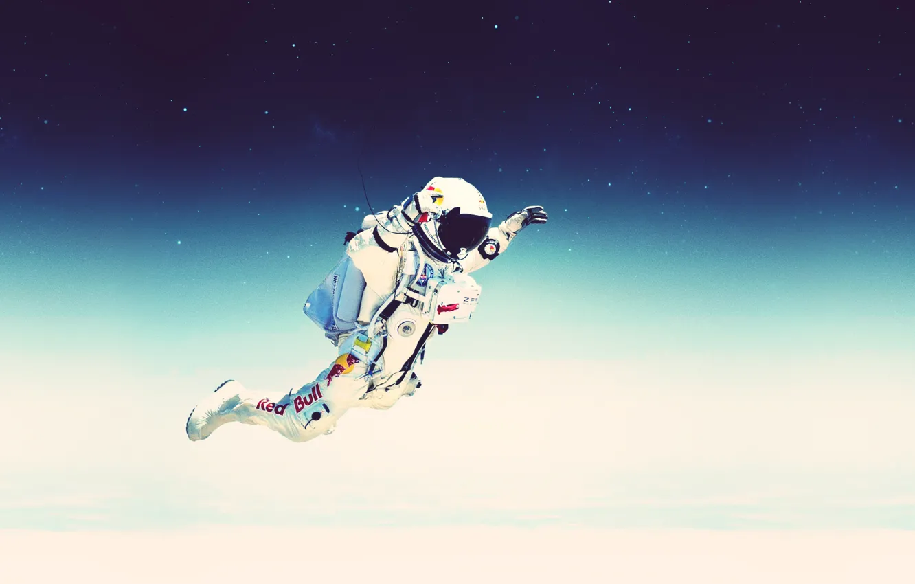 Photo wallpaper the sky, space, stars, flight, jump, the suit, stratos, red bull