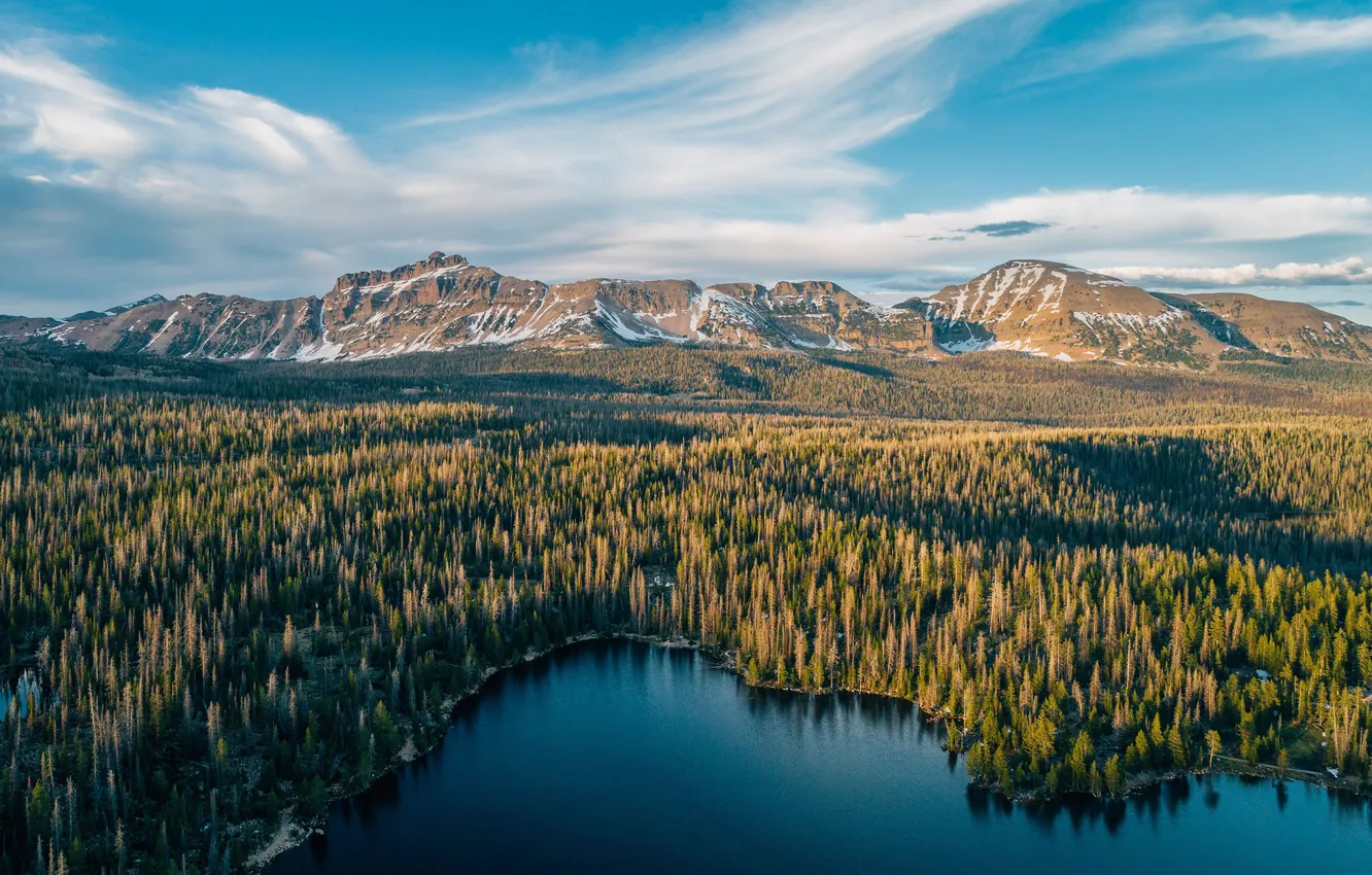 Photo wallpaper forest, the sky, the sun, clouds, trees, mountains, lake, the view from the top