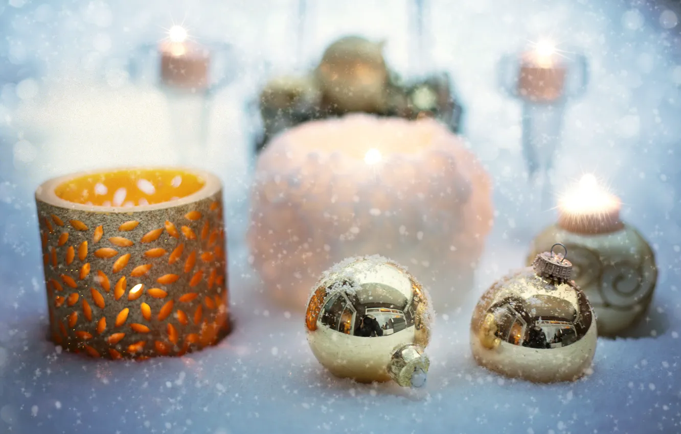 Photo wallpaper balls, snow, decoration, holiday, toys, candles, New year, bokeh