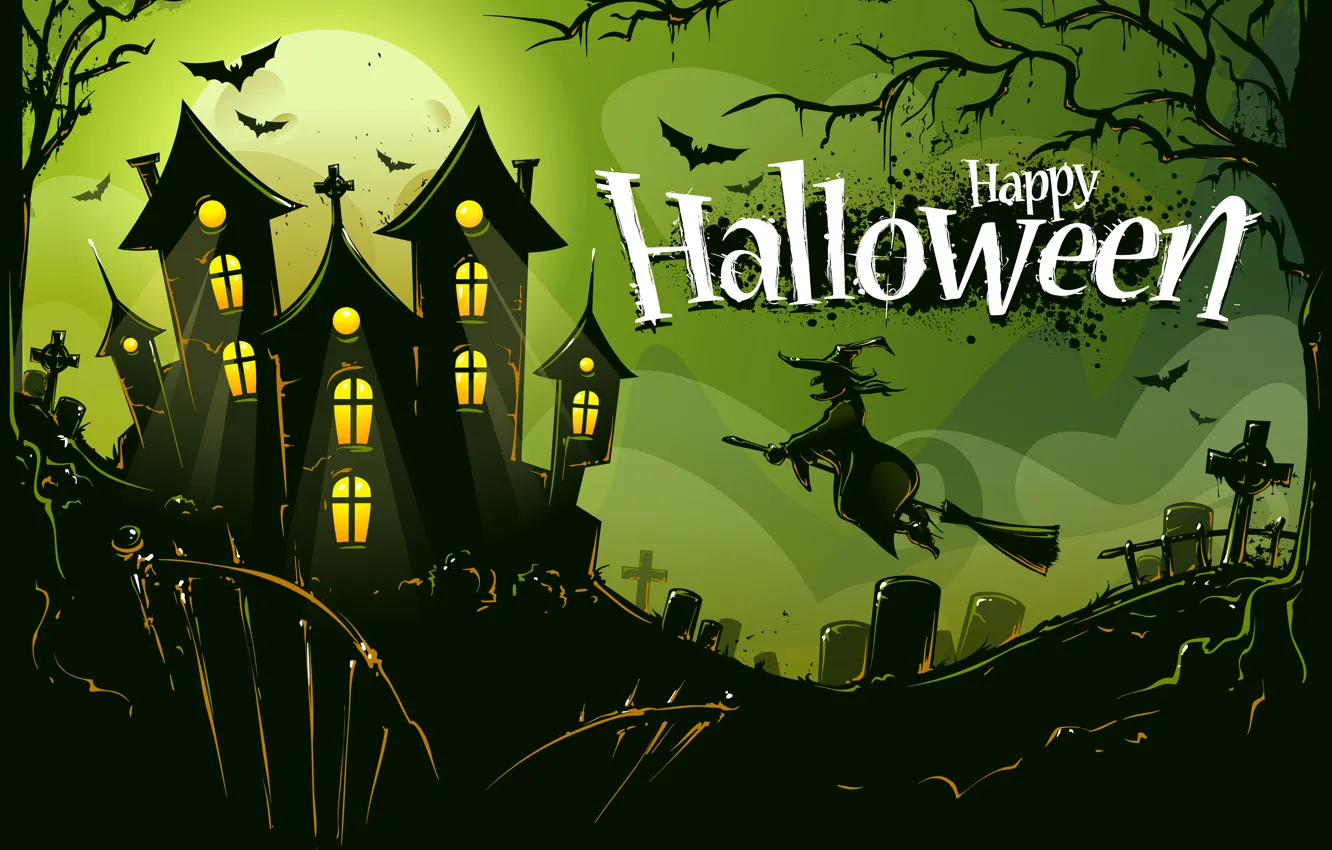 Photo wallpaper trees, castle, holiday, bird, cemetery, Halloween, Baba Yaga