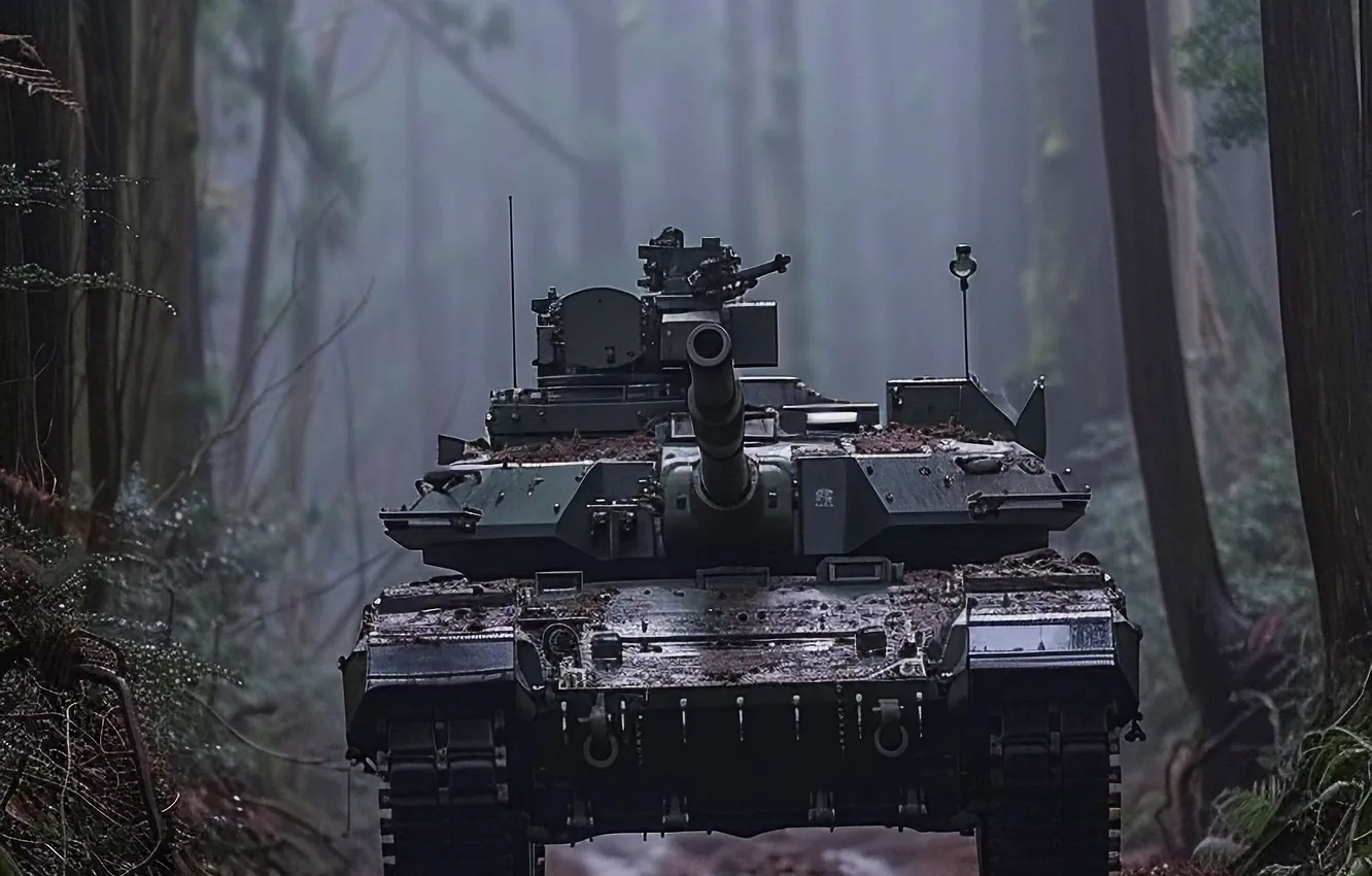 Photo wallpaper forest, trees, dirt, tank, digital art, AI art, The Art of Artificial Intelligence, neural network