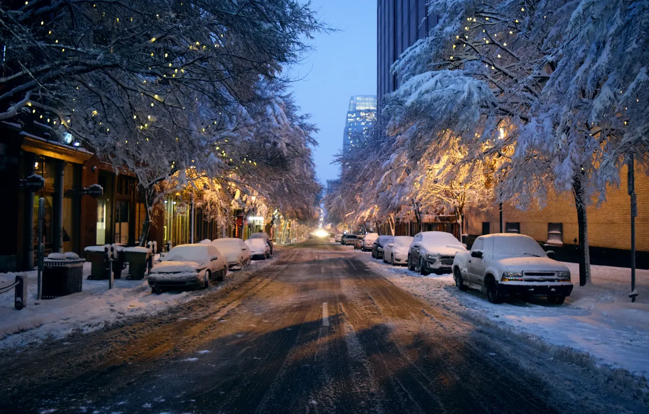 Photo wallpaper winter, road, the sky, snow, city, the city, lights, lights