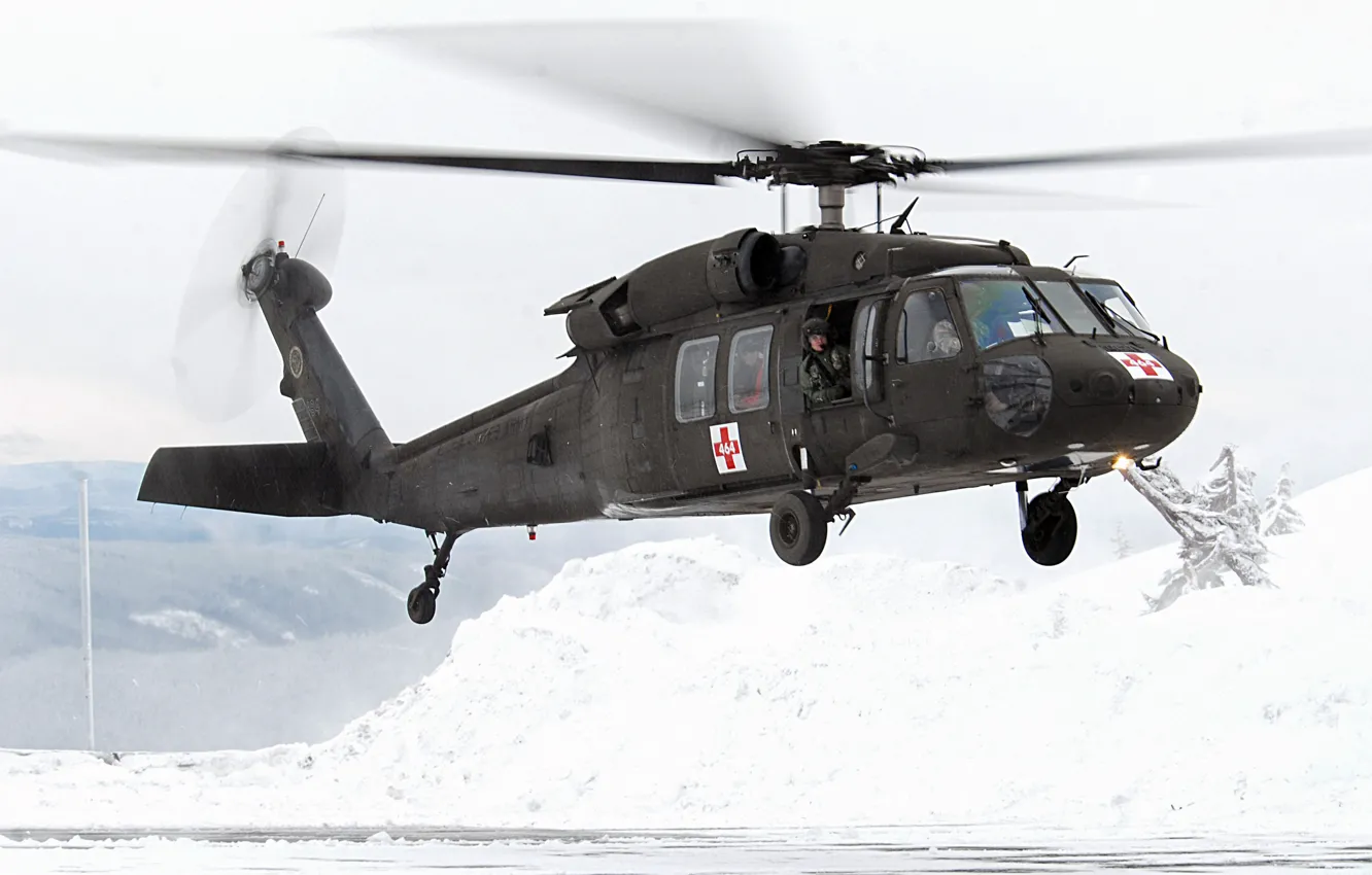 Photo wallpaper winter, snow, helicopter, black, UH-60, hawk, Sanitary