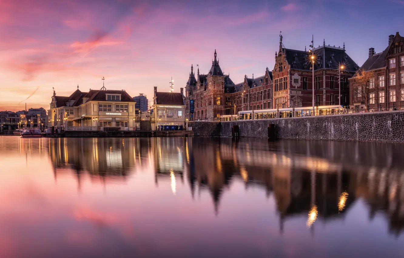 Photo wallpaper reflection, river, street, home, the evening, Amsterdam, Netherlands, Holland