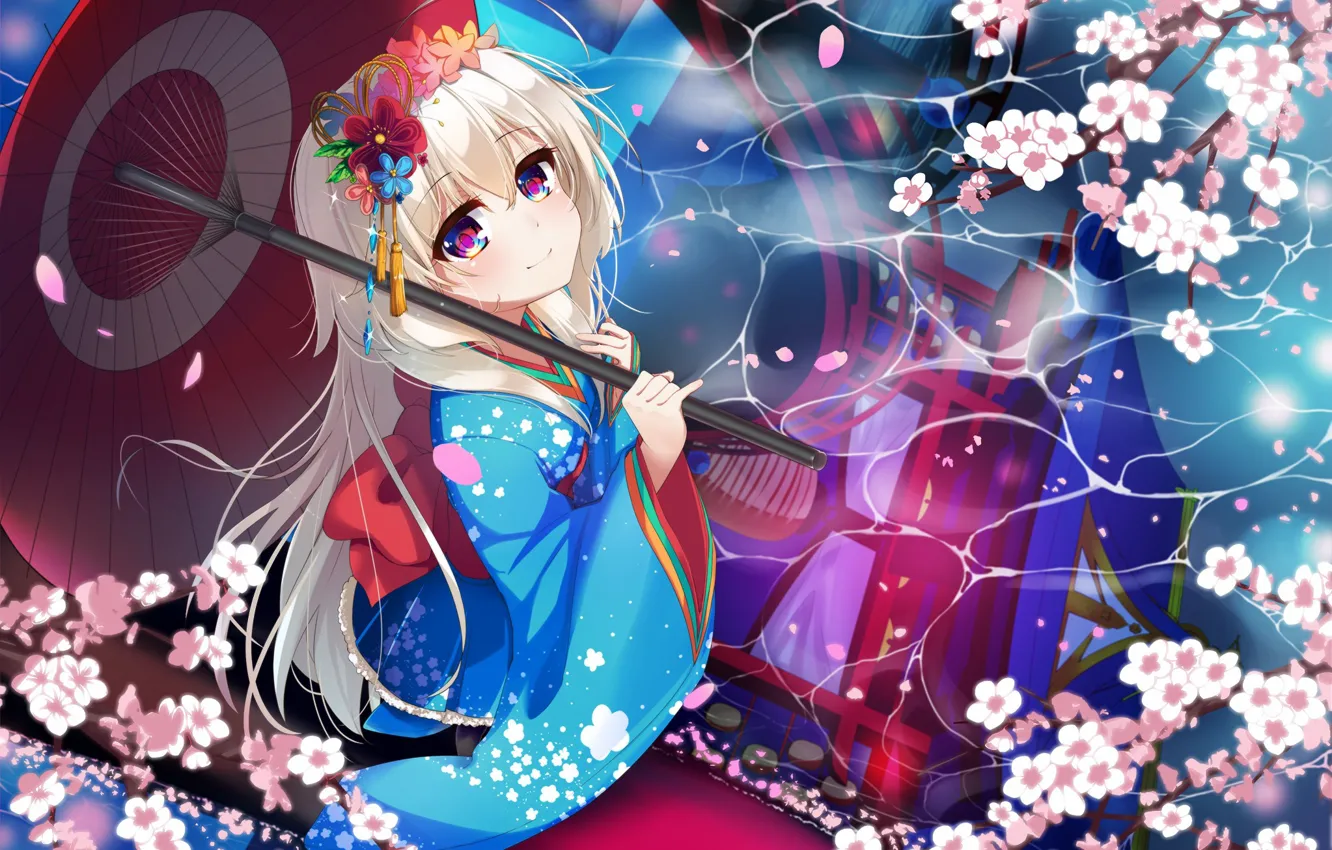 Photo wallpaper girl, umbrella, anime, japanese, kimono, bishojo
