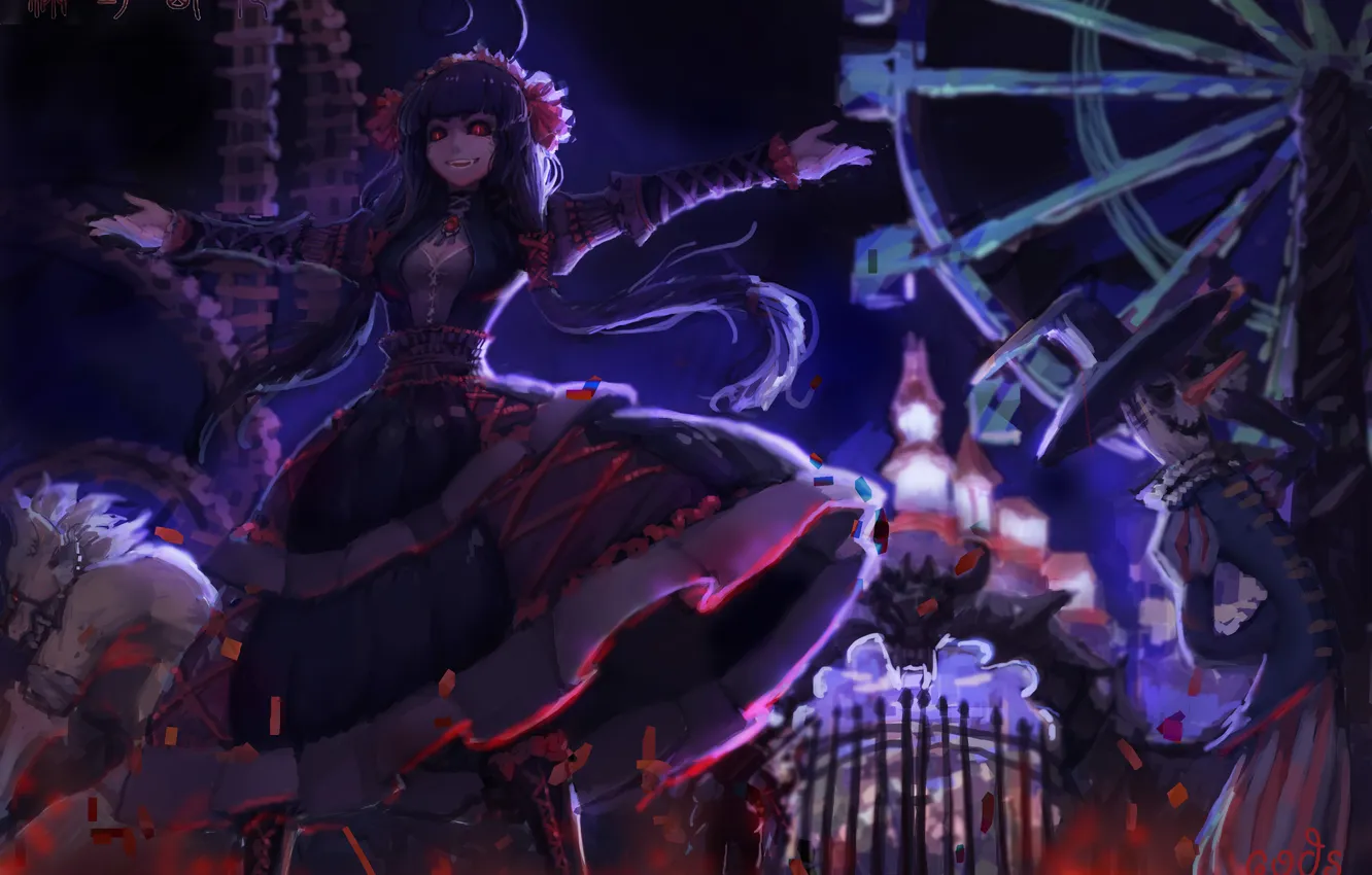 Photo wallpaper girl, smile, Park, horse, anime, art, attraction, Ferris wheel