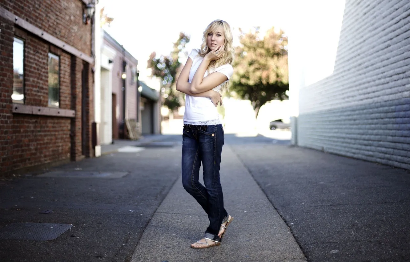 Photo wallpaper look, girl, building, blonde