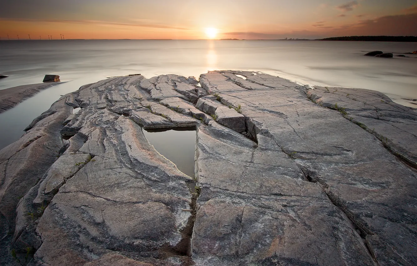 Photo wallpaper sea, stones, dawn, Switzerland, horizon