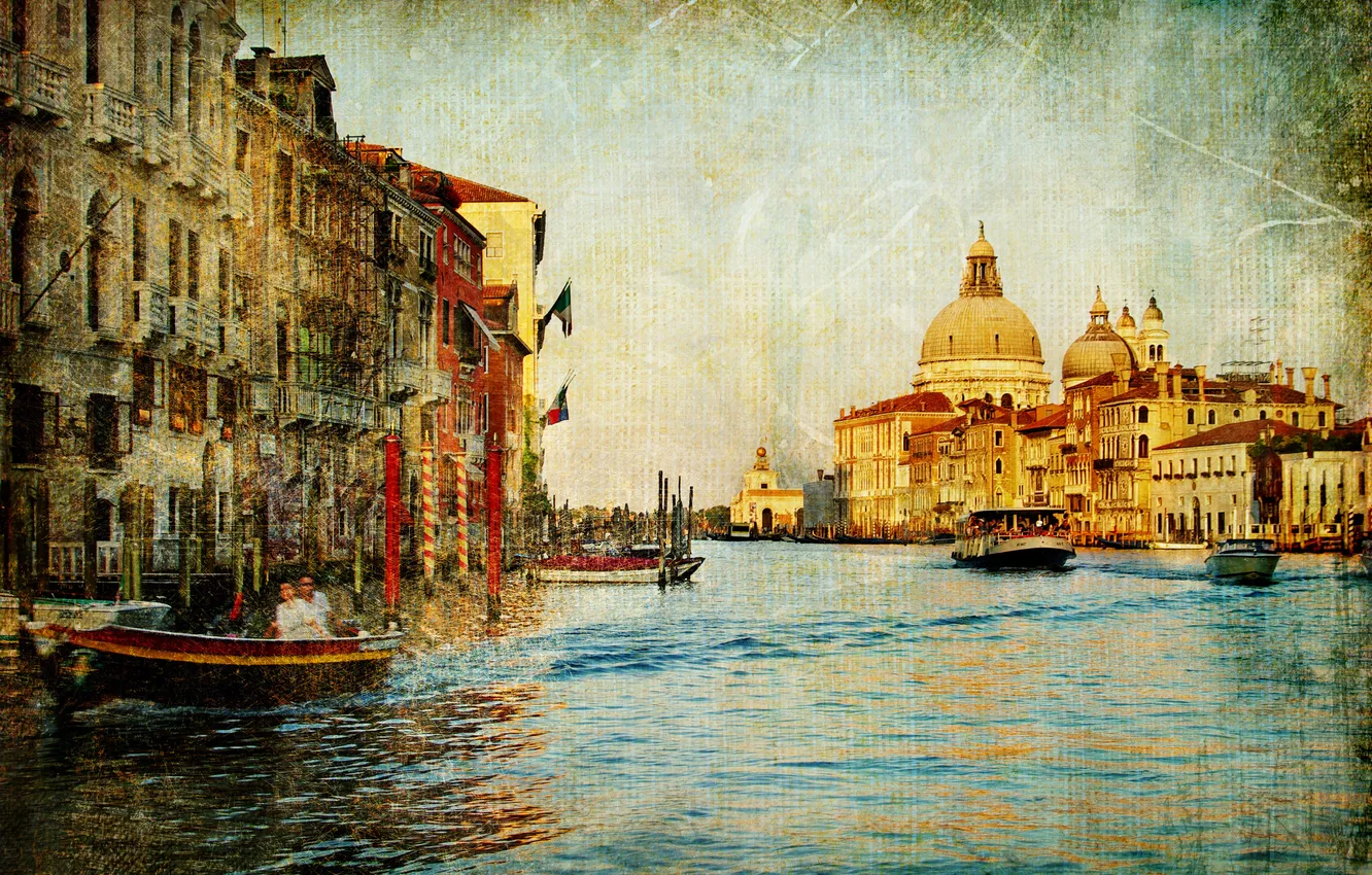 Photo wallpaper boat, home, Venice, channel, vintage, vintage, old photo