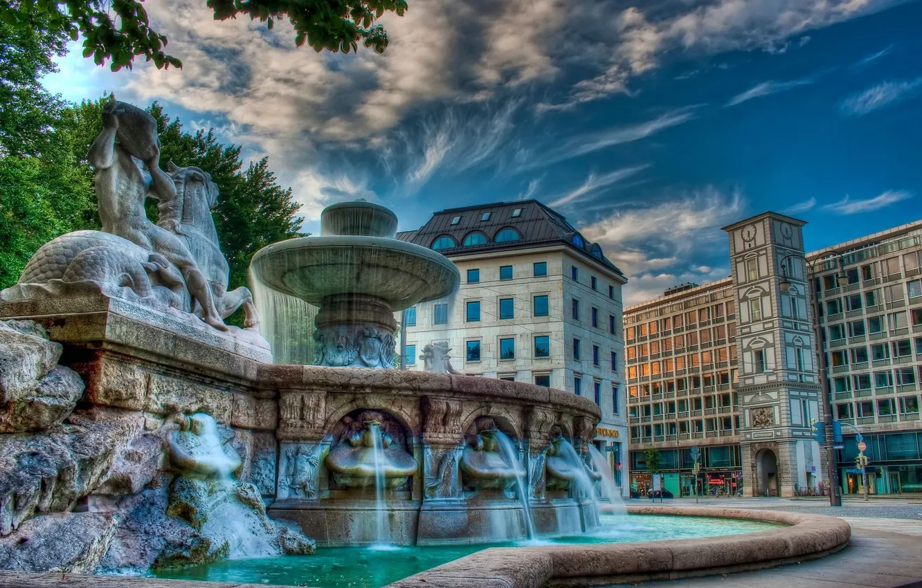 Photo wallpaper trees, building, fountain
