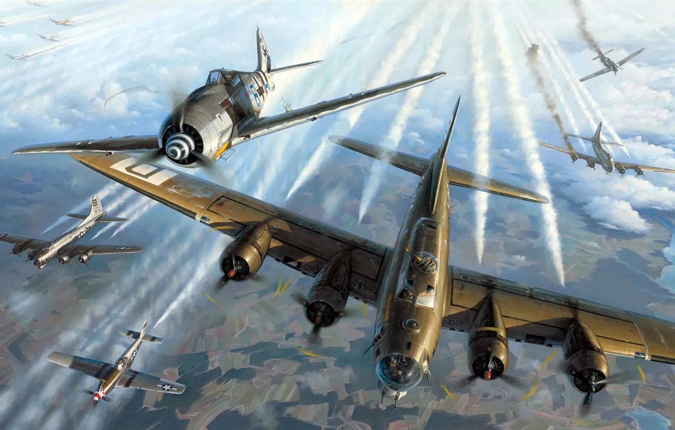 Photo wallpaper Boeing, B-17, Fw 190, Focke-Wulf, Flying Fortress, single-engine piston fighter monoplane, four-engine heavy bomber