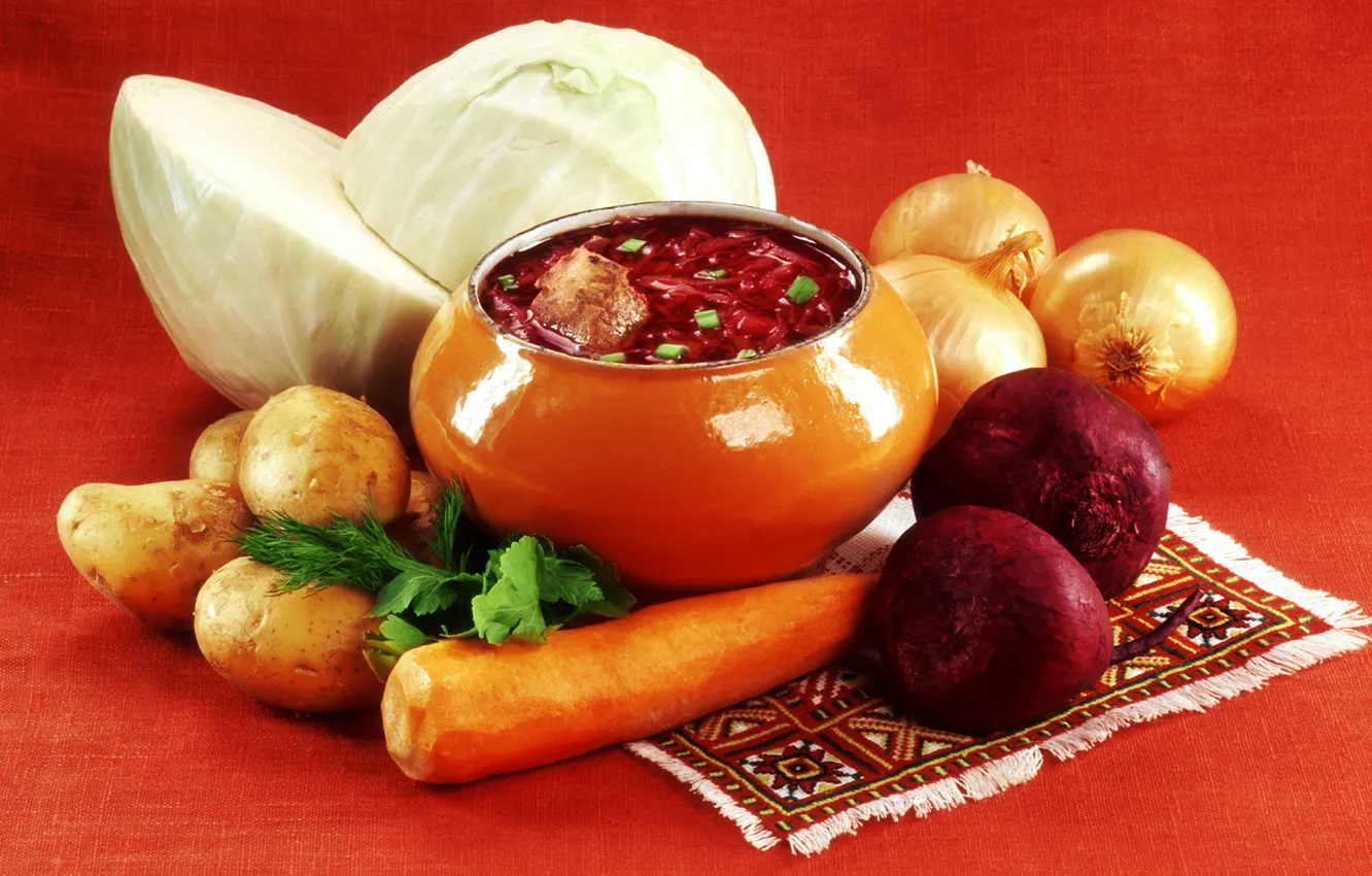 Photo wallpaper bow, vegetables, carrots, cabbage, soup, pot, potatoes, beets