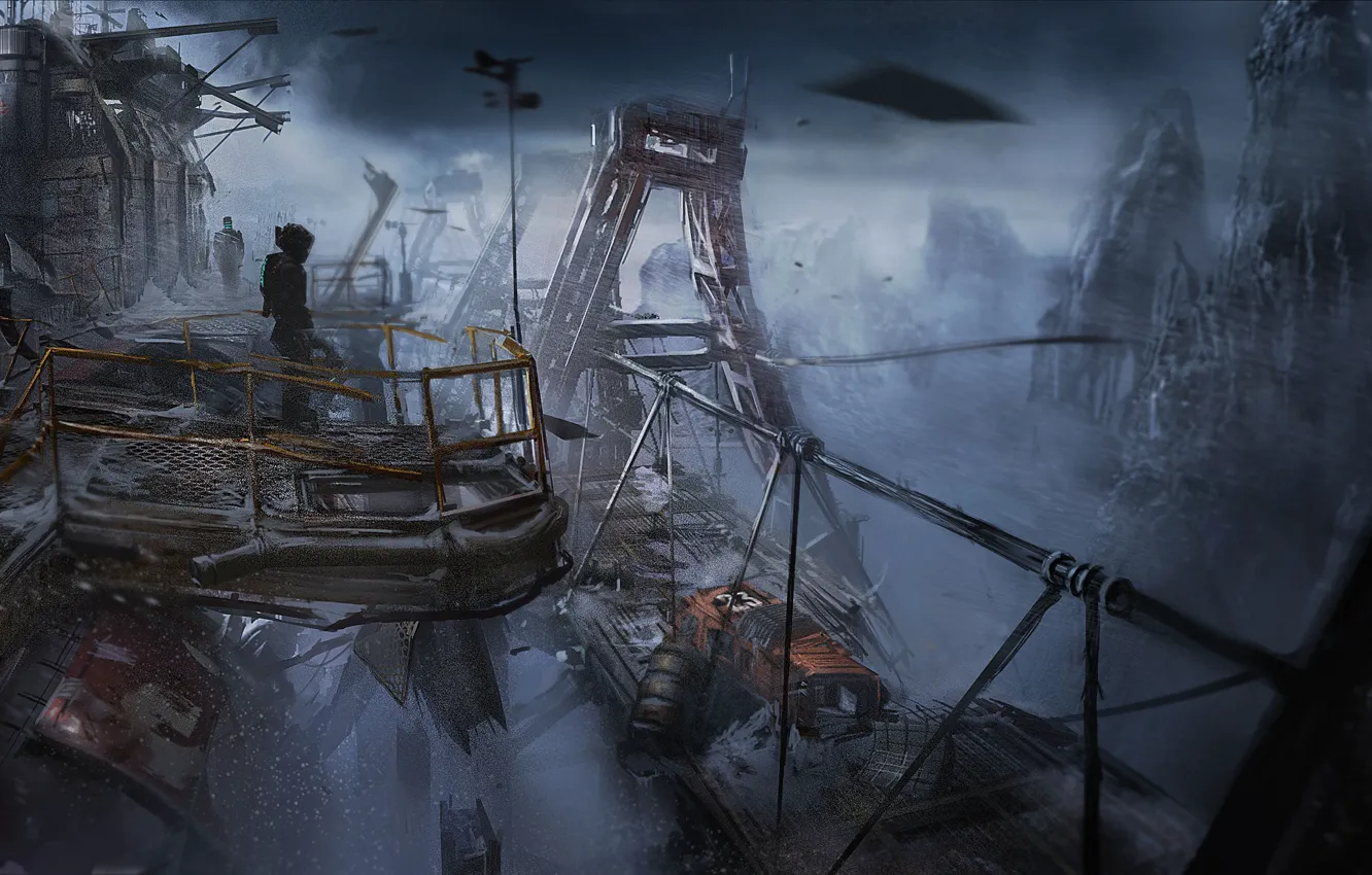 Photo wallpaper snow, mountains, bridge, building, the situation, technique, art, support