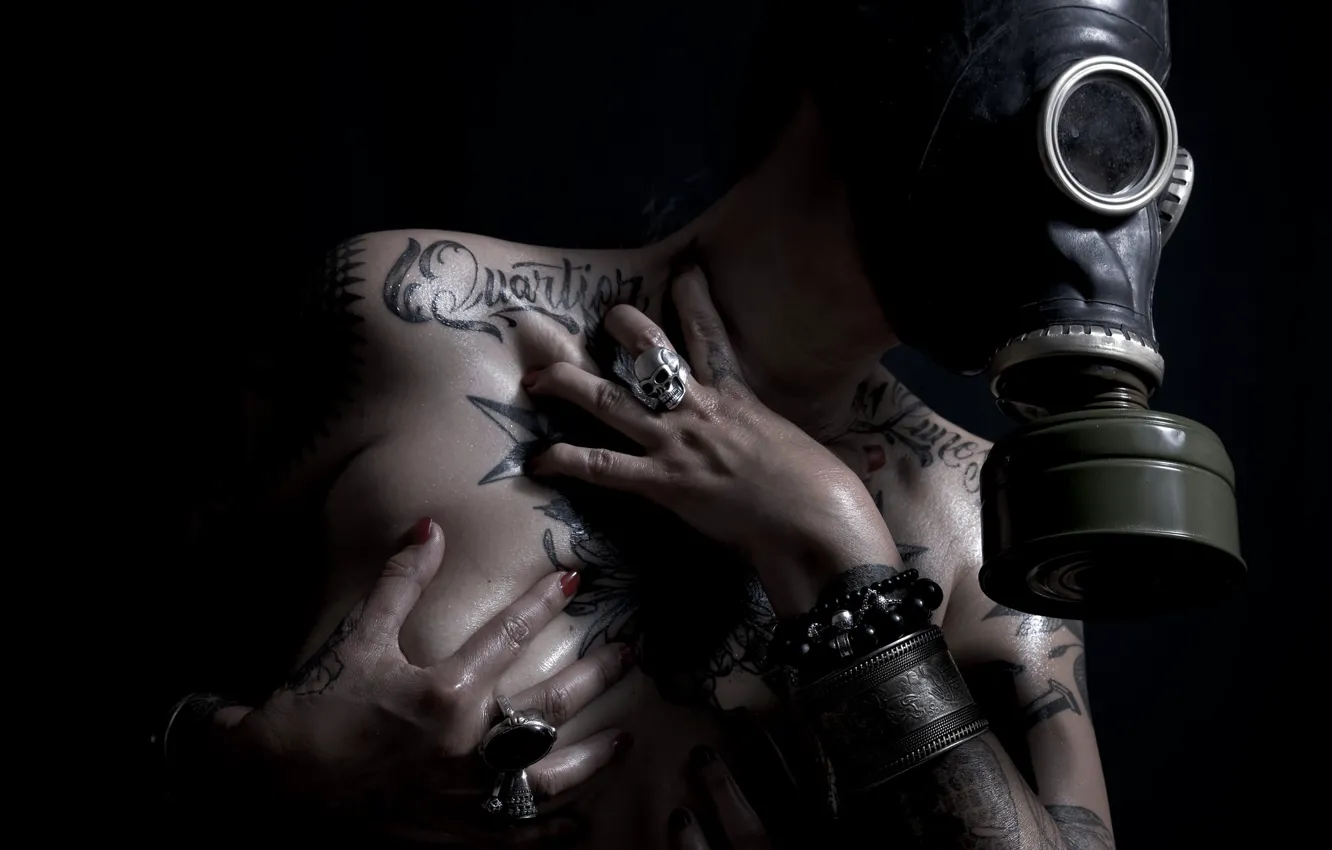 Photo wallpaper girl, tattoo, gas mask