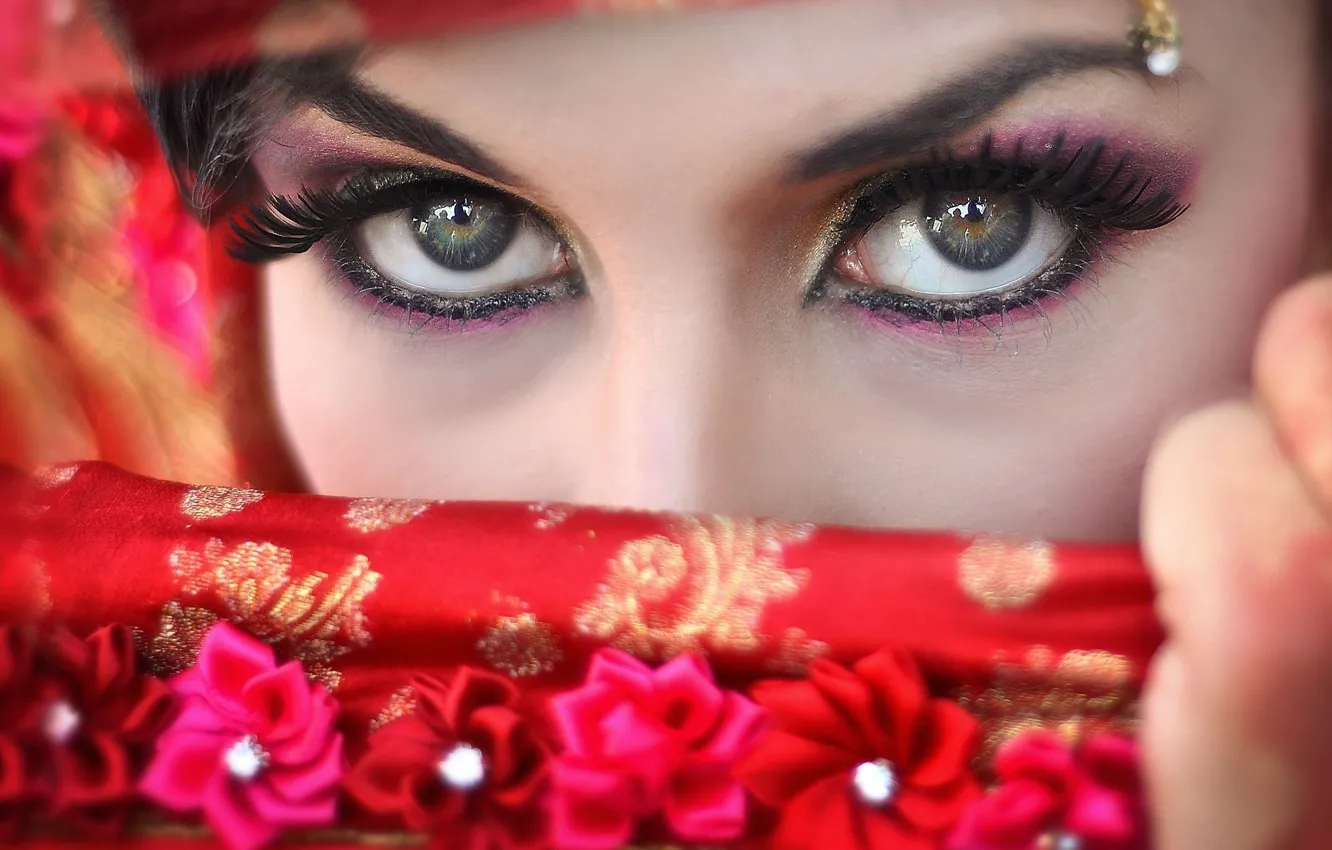 Photo wallpaper eyes, look, girl, eyelashes, shadow, hands, makeup, flowers