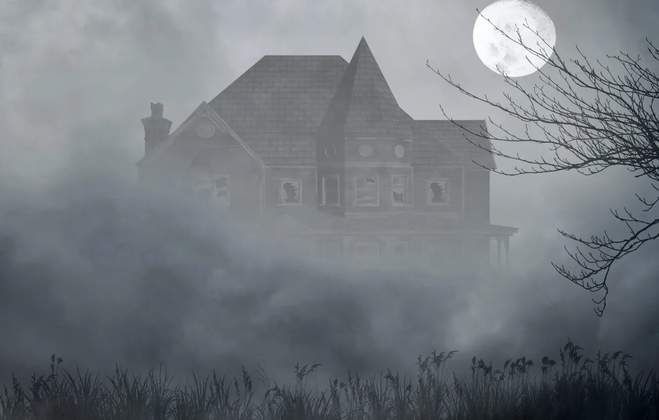 Photo wallpaper grass, fog, house, tree, the moon, the darkness, Windows, broken