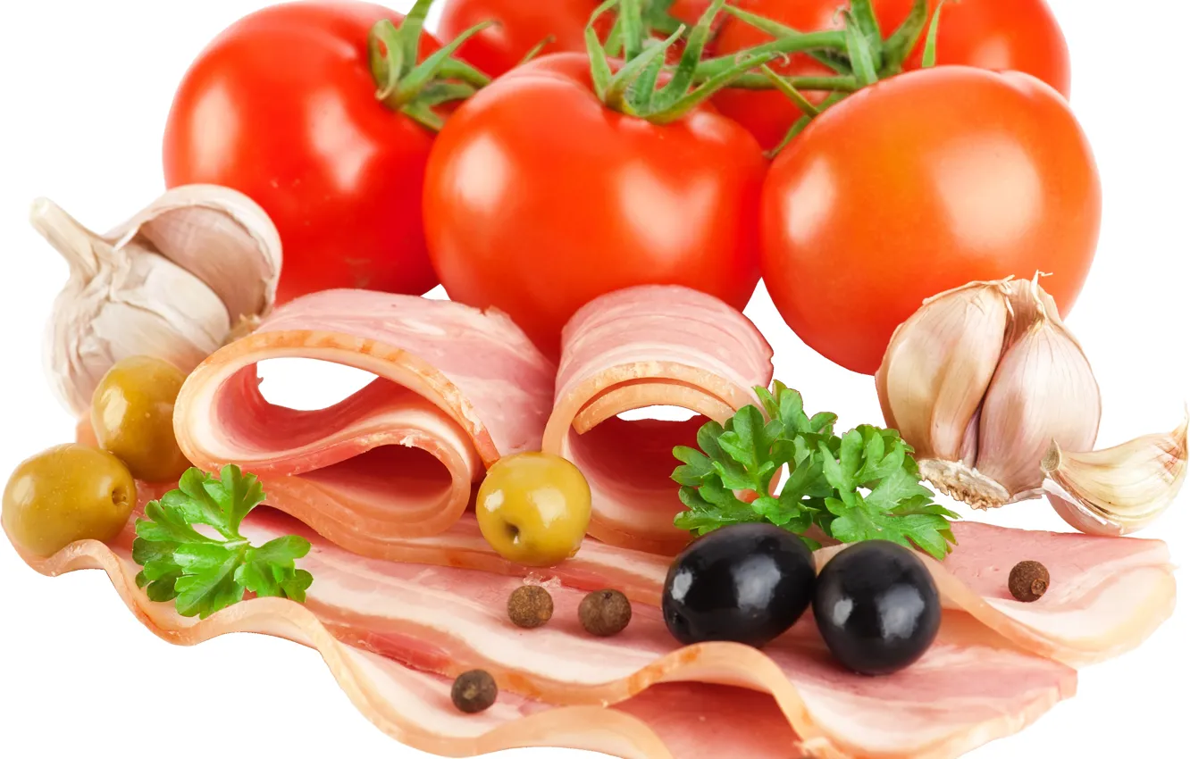 Photo wallpaper food, tomato, olive, garlic, bacon