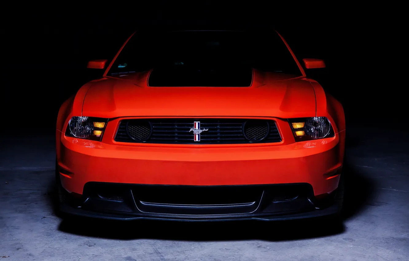 Photo wallpaper Mustang, Ford, Muscle, Boss 302, Orange, Car, Shooting, Front