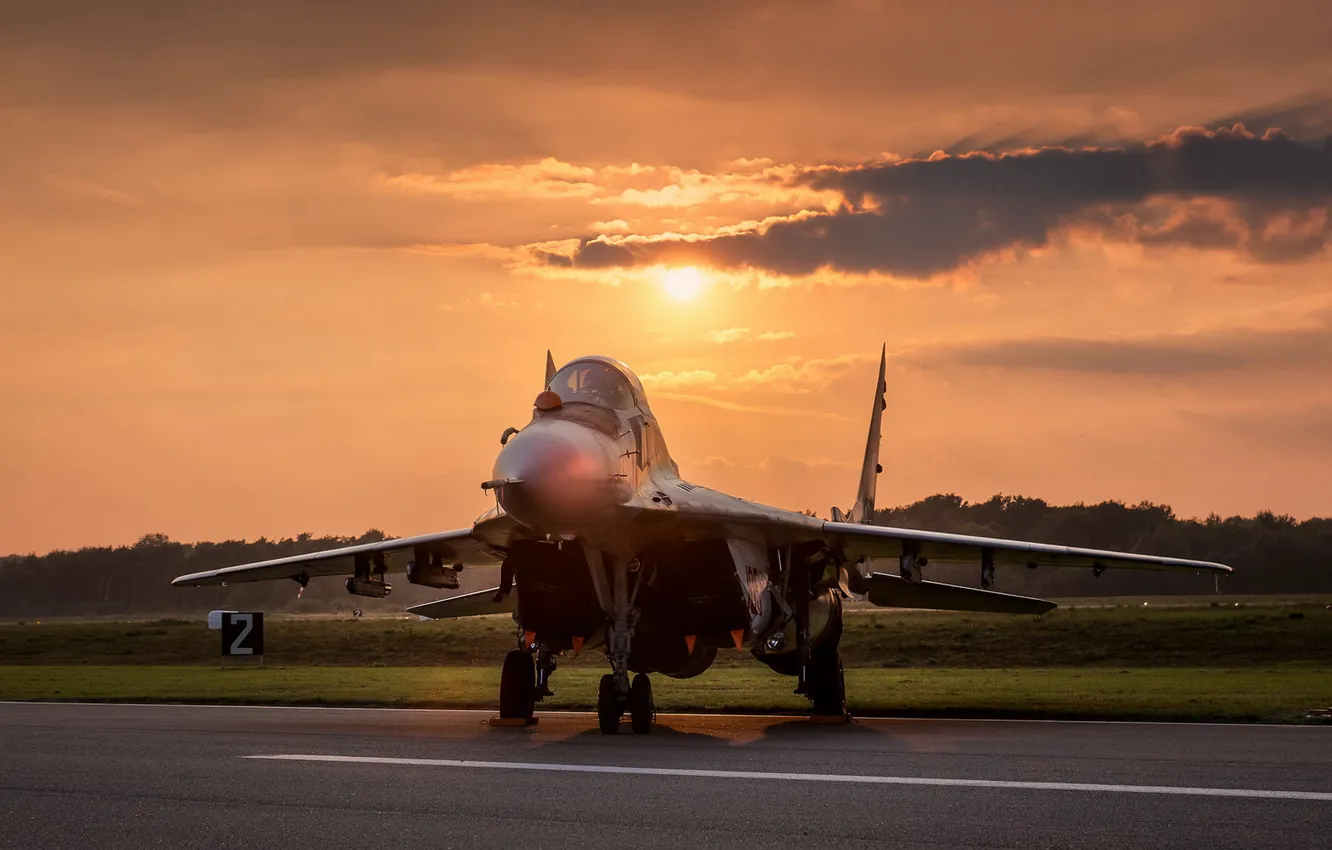 Photo wallpaper sunset, weapons, the plane, MiG-29