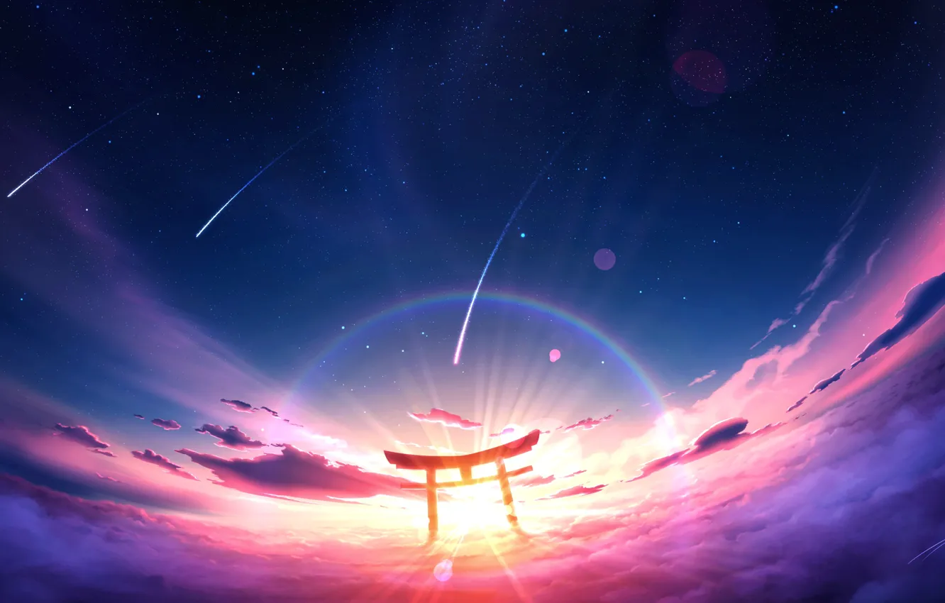 Photo wallpaper the sky, the sun, stars, clouds, fantasy, torii