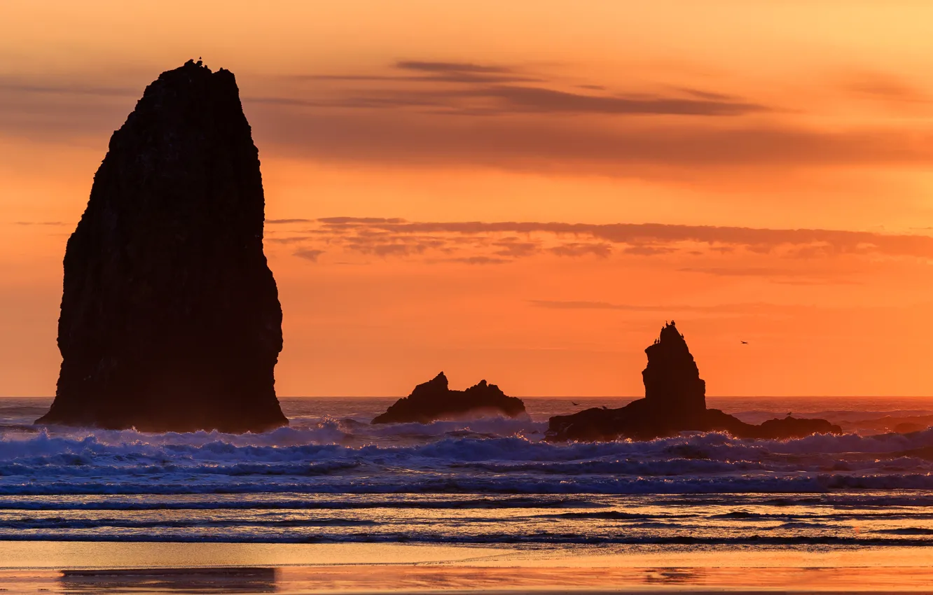 Photo wallpaper sea, wave, the sky, sunset, rocks