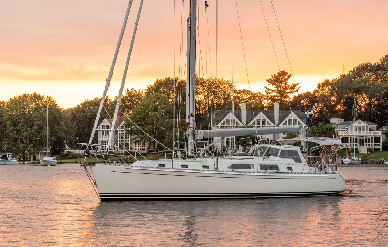 Photo wallpaper shore, home, yacht, pier, at anchor, at-anchor, Outbbound-46