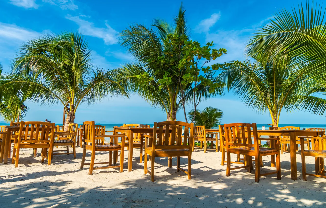 Photo wallpaper sand, sea, beach, summer, the sky, the sun, palm trees, shore