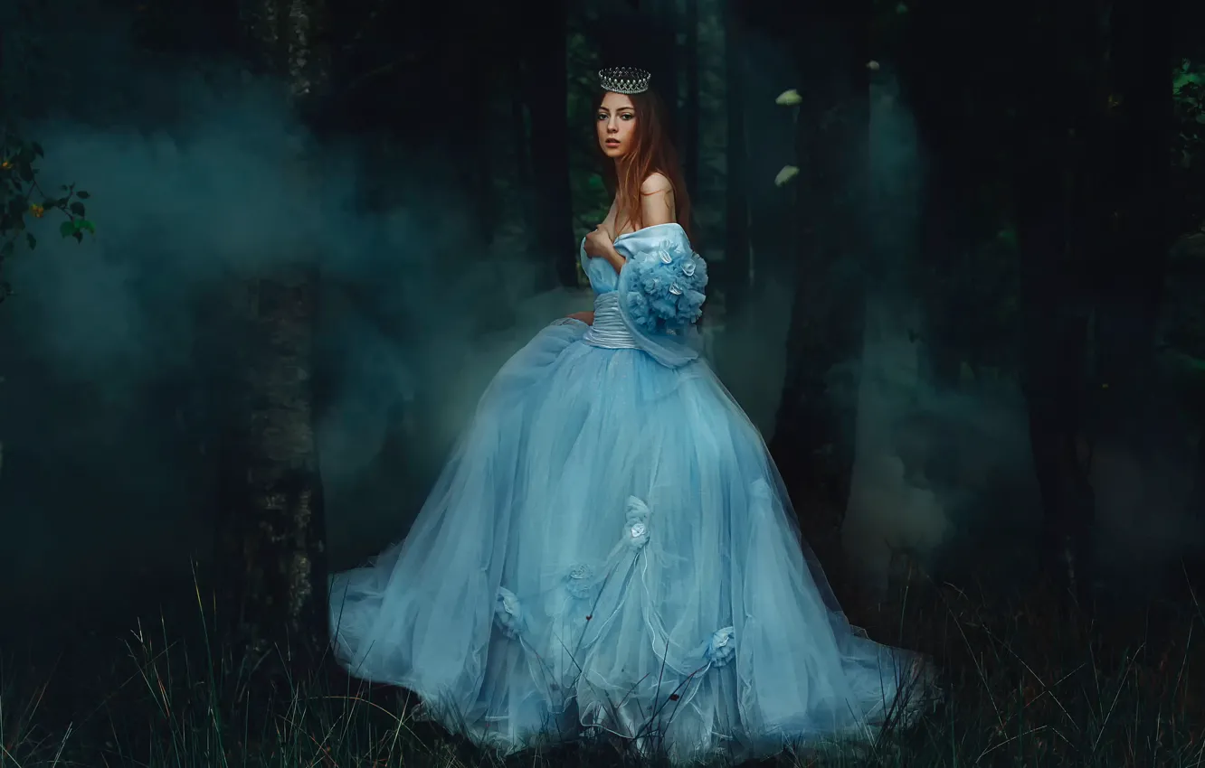 Photo wallpaper forest, girl, smoke, dress, Rosie Hardy