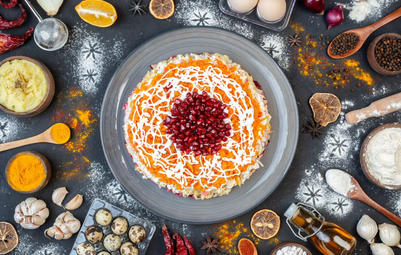 Photo wallpaper new year, food, eggs, plate, Christmas, spoon, citrus, pepper