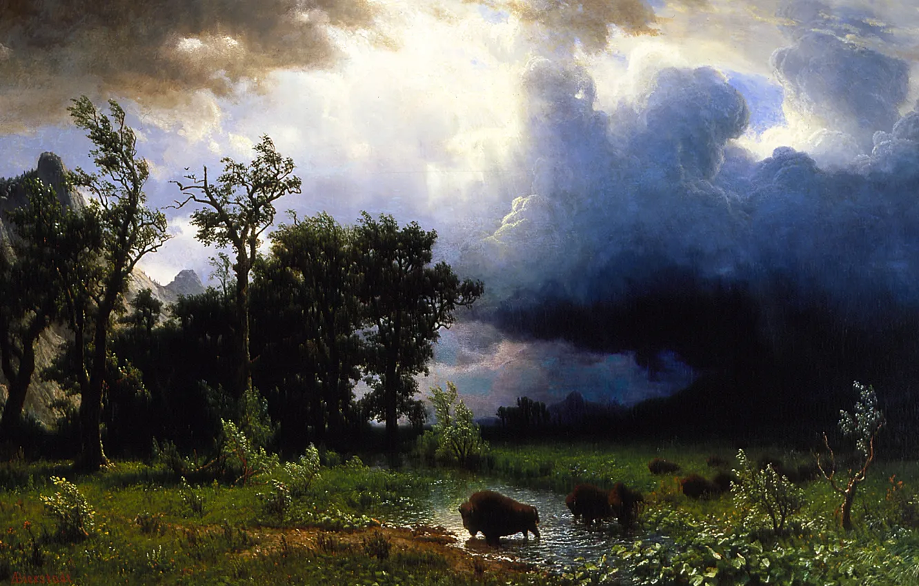 Photo wallpaper the storm, landscape, storm, picture, Albert Bierstadt, Trail Of The Buffalo