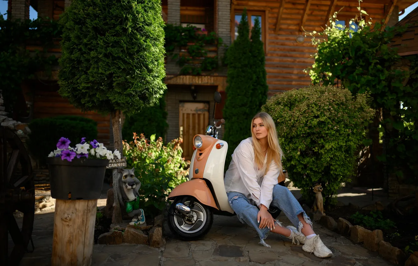 Photo wallpaper girl, pose, jeans, blonde, long hair, scooter, scooter, Alexander Parkhomenko