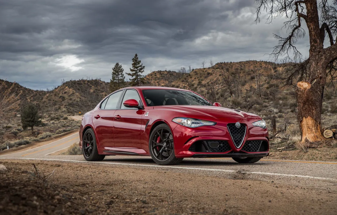 Photo wallpaper Alfa Romeo, red, front, Giulia Quadrifoglio