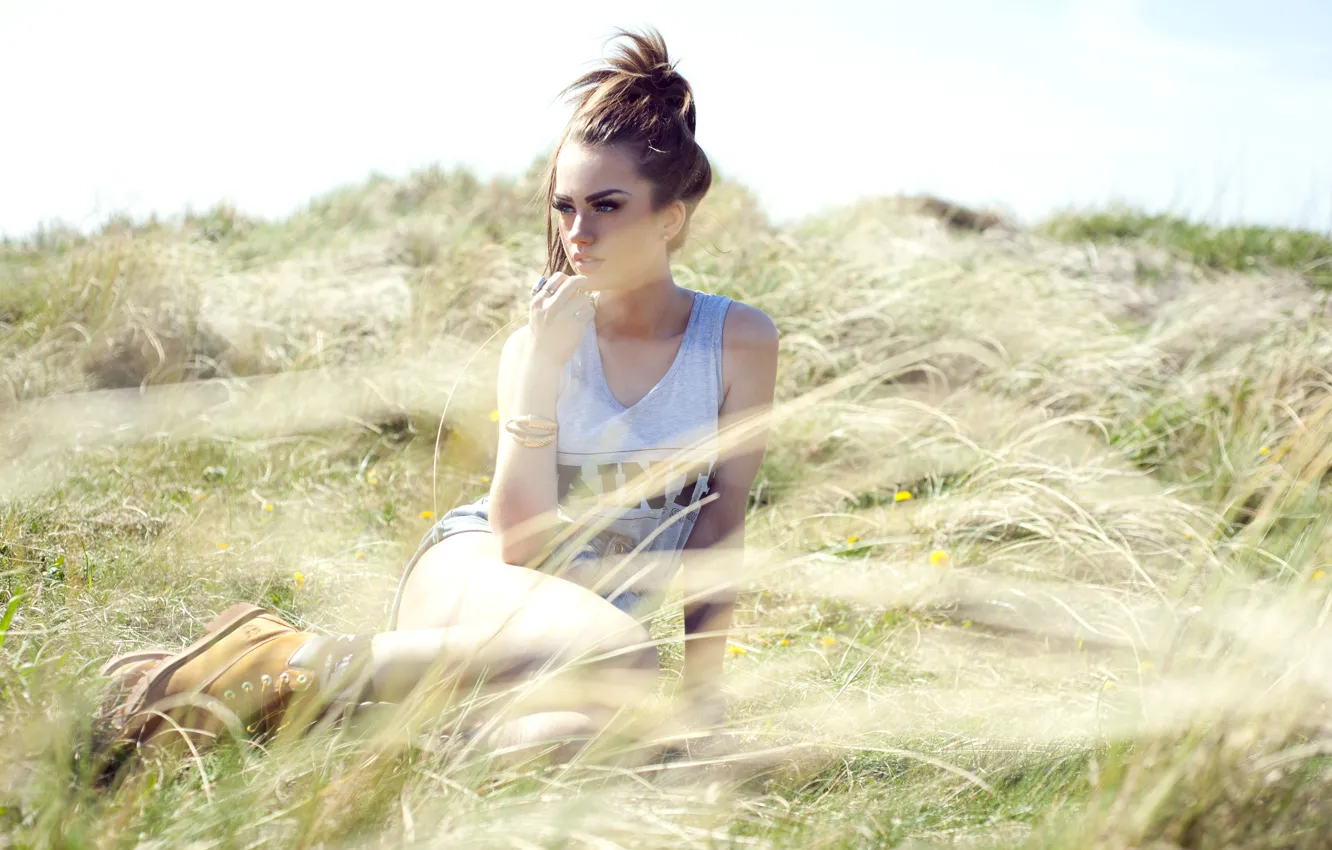 Photo wallpaper girl, grass, field, nature, woman, model, brunette, saints