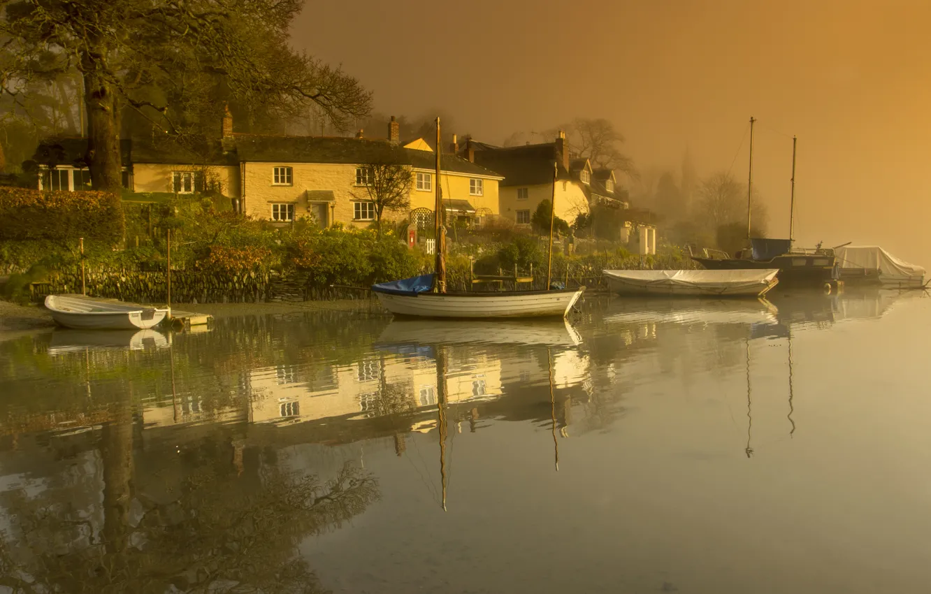 Photo wallpaper water, trees, fog, reflection, river, shore, boat, England