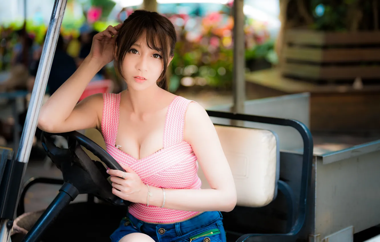 Photo wallpaper look, sexy, neckline, Asian, neckline, bokeh