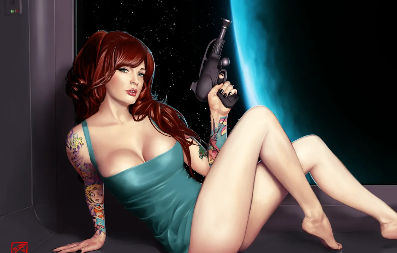 Photo wallpaper girl, space, weapons, dress, art, tattoo, Babe in space, Blaster