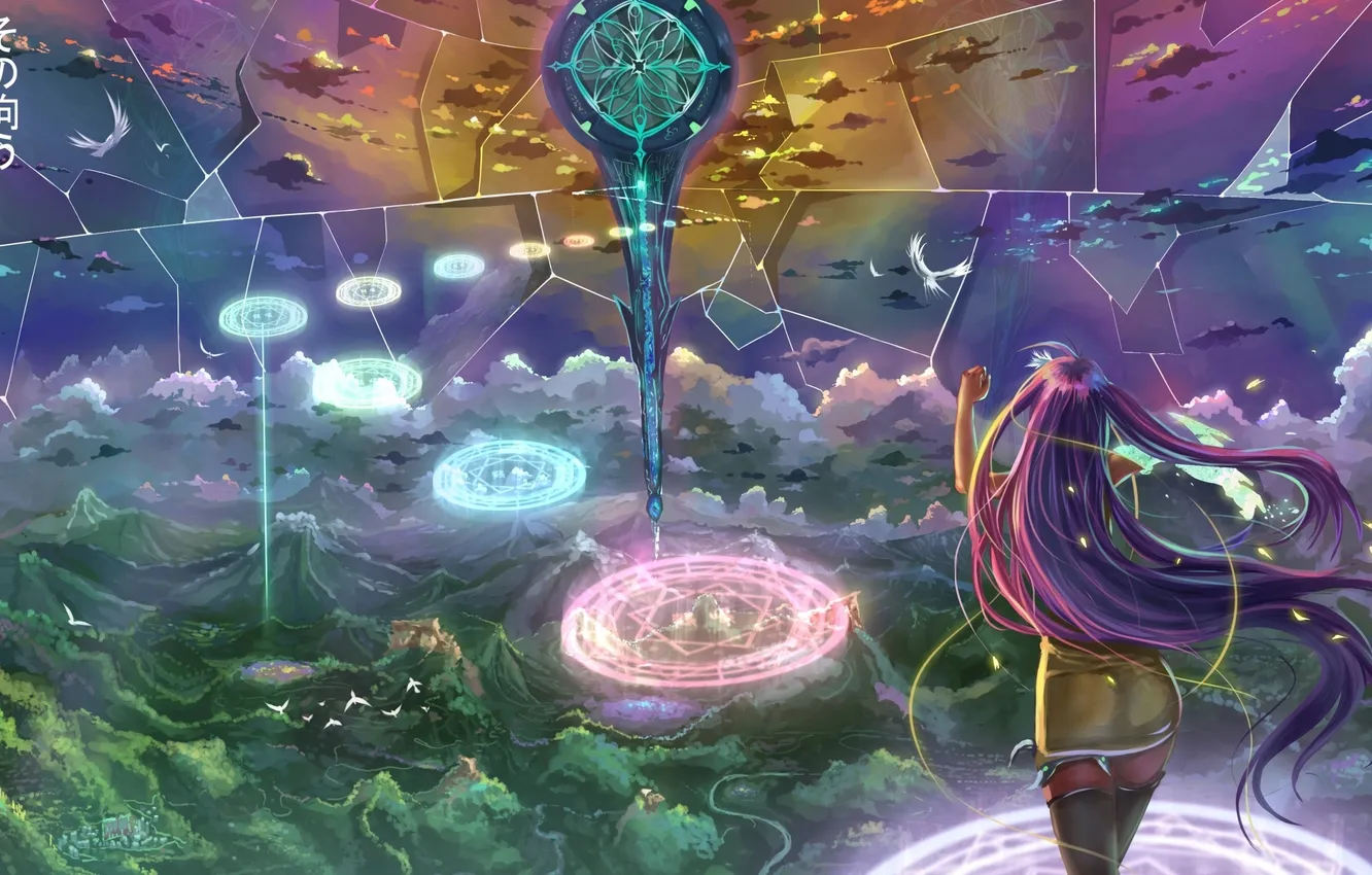 Photo wallpaper the sky, girl, clouds, landscape, mountains, nature, magic, anime