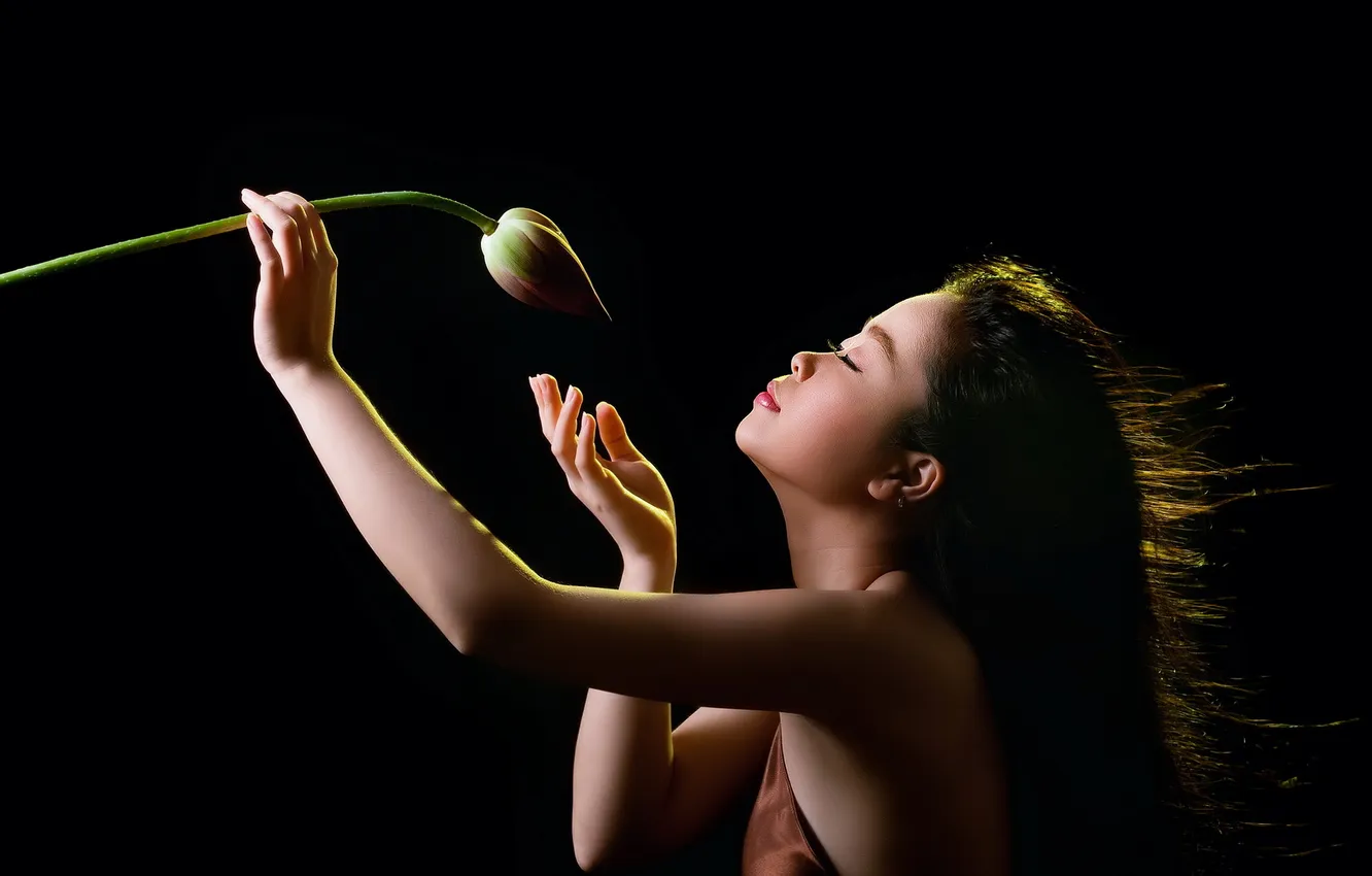 Photo wallpaper girl, flowers, Asian