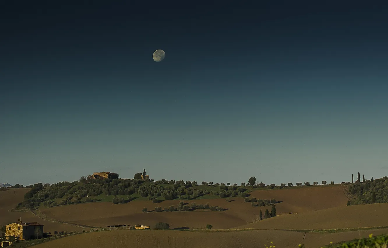Photo wallpaper field, the sky, trees, the moon, home, village, Italy, farm