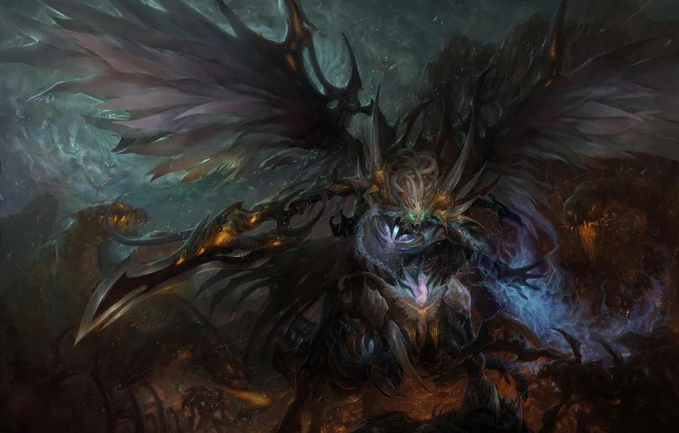 Photo wallpaper girl, wings, monster, sword, chain