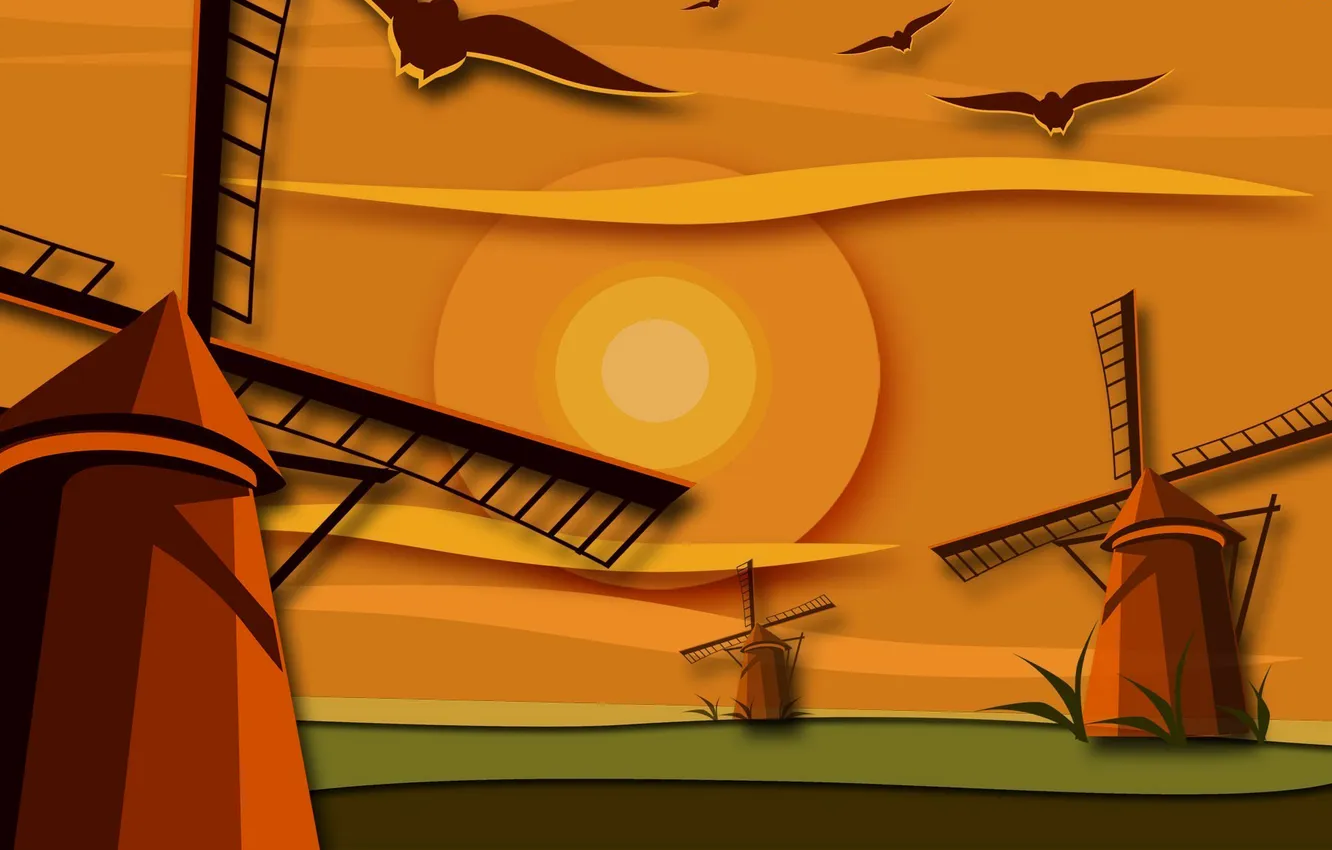 Photo wallpaper field, the sky, the sun, vector, mill