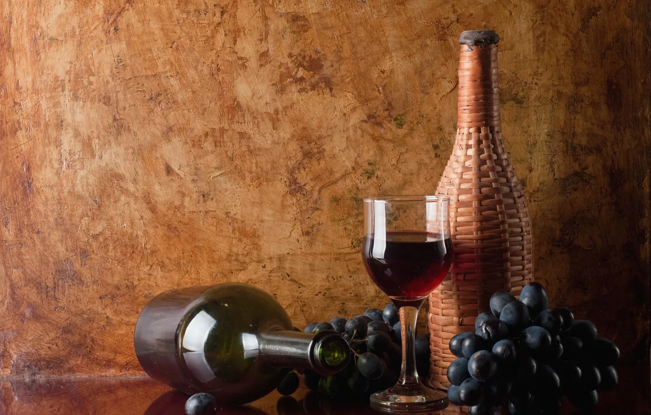 Photo wallpaper red, reflection, table, wine, glass, bottle, grapes, bunch