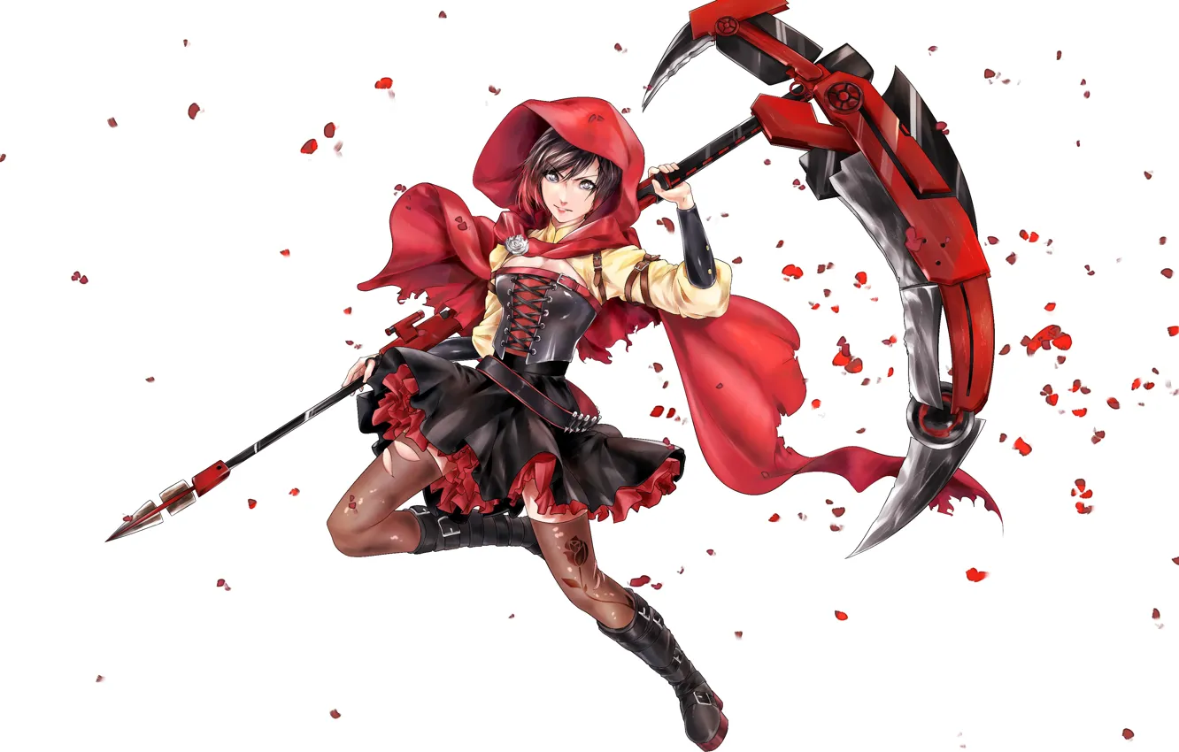 Photo wallpaper girl, weapons, petals, white background, braid, RWBY