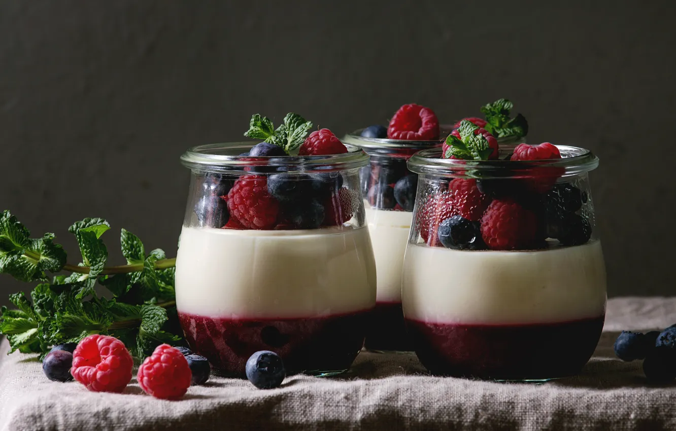 Photo wallpaper berries, raspberry, blueberries, dessert, Panna cotta, Natasha Breen