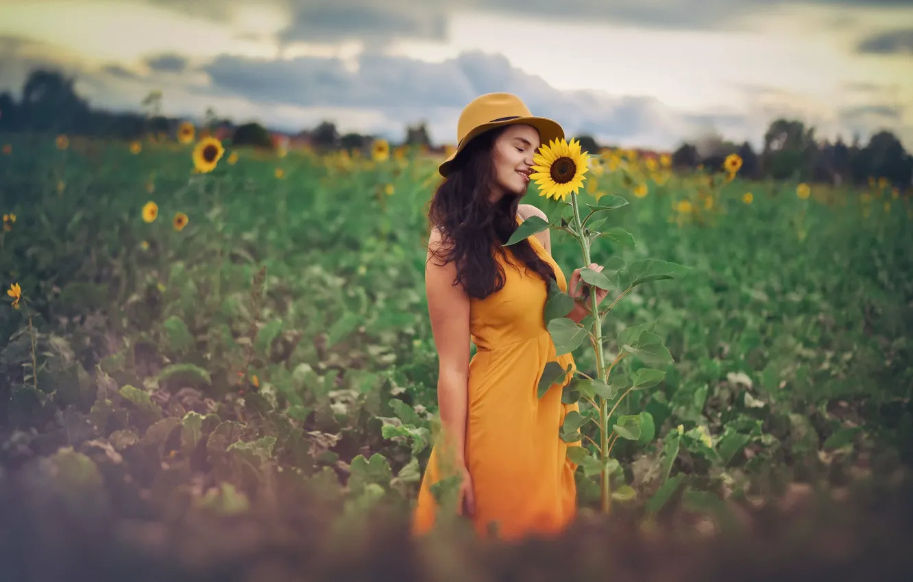 Photo wallpaper girl, sunflowers, nature