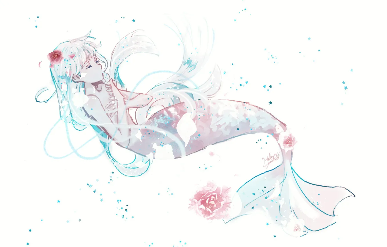 Photo wallpaper girl, flowers, mermaid, under water