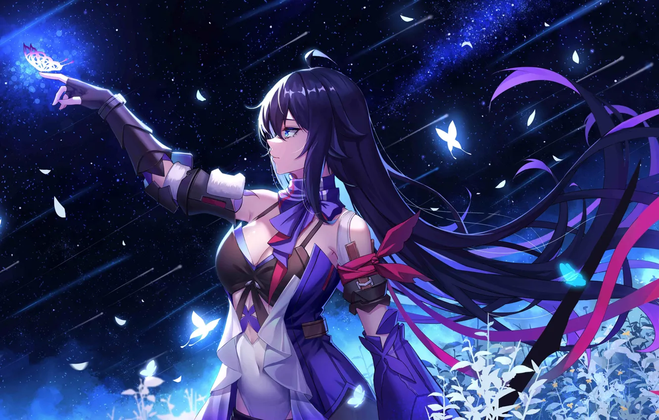 Photo wallpaper stars, flowers, night, butterfly, figure, gesture, Soul Vollerei, Honkai Star Rail