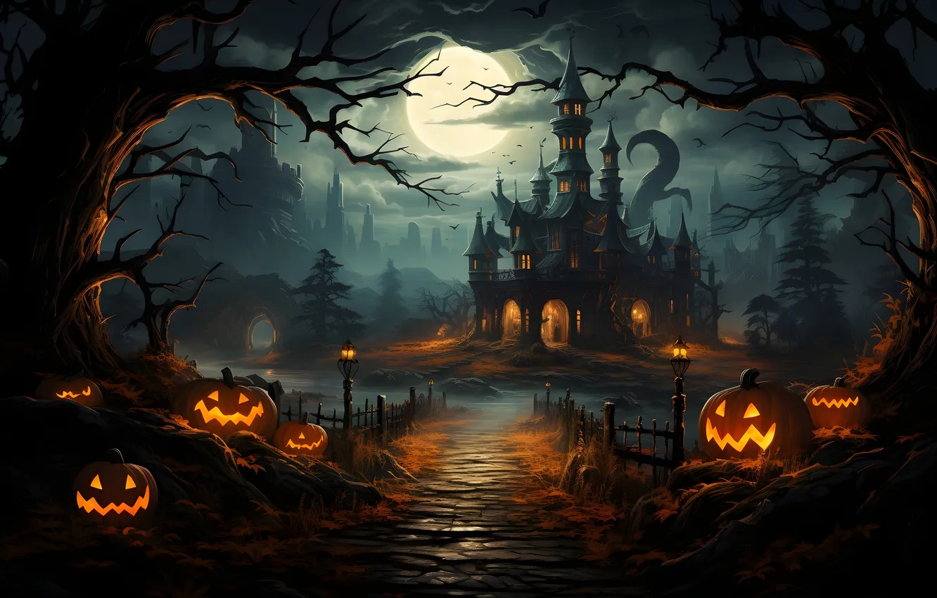 Photo wallpaper trees, night, clouds, the moon, home, Halloween, pumpkin, bats
