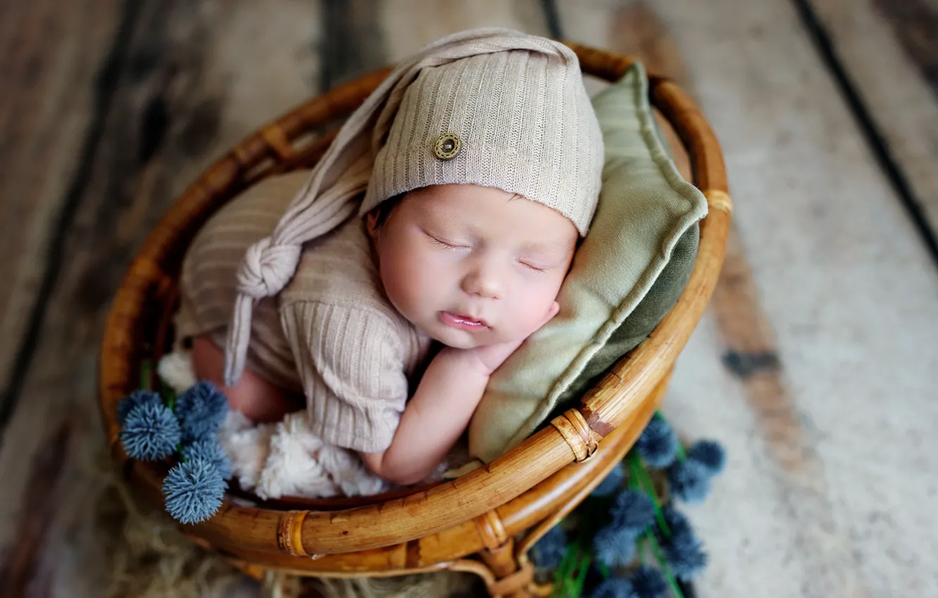 Photo wallpaper flowers, children, basket, Board, sleep, baby, caps, Natalia Mikhailova